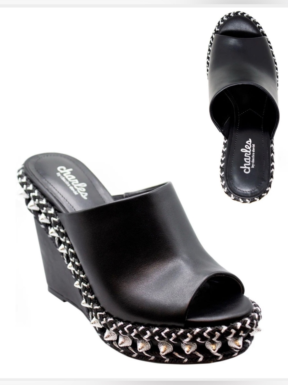 Charles By Charles David Black Leather Braided-Trim Wedge Mule